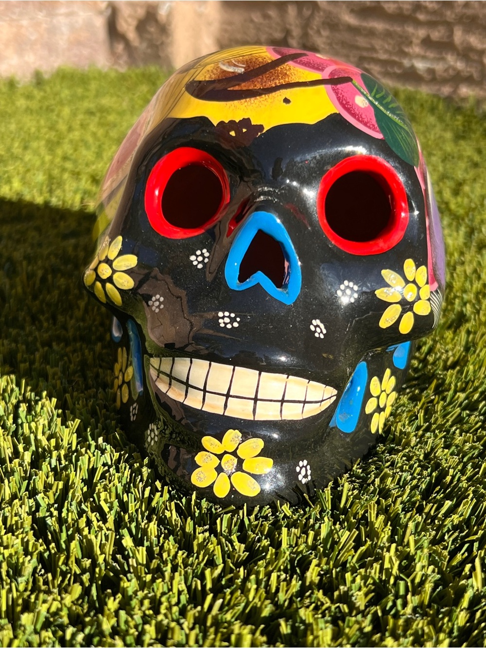 Hand-Painted Black Floral Ceramic Skull — Decorative Home Accent